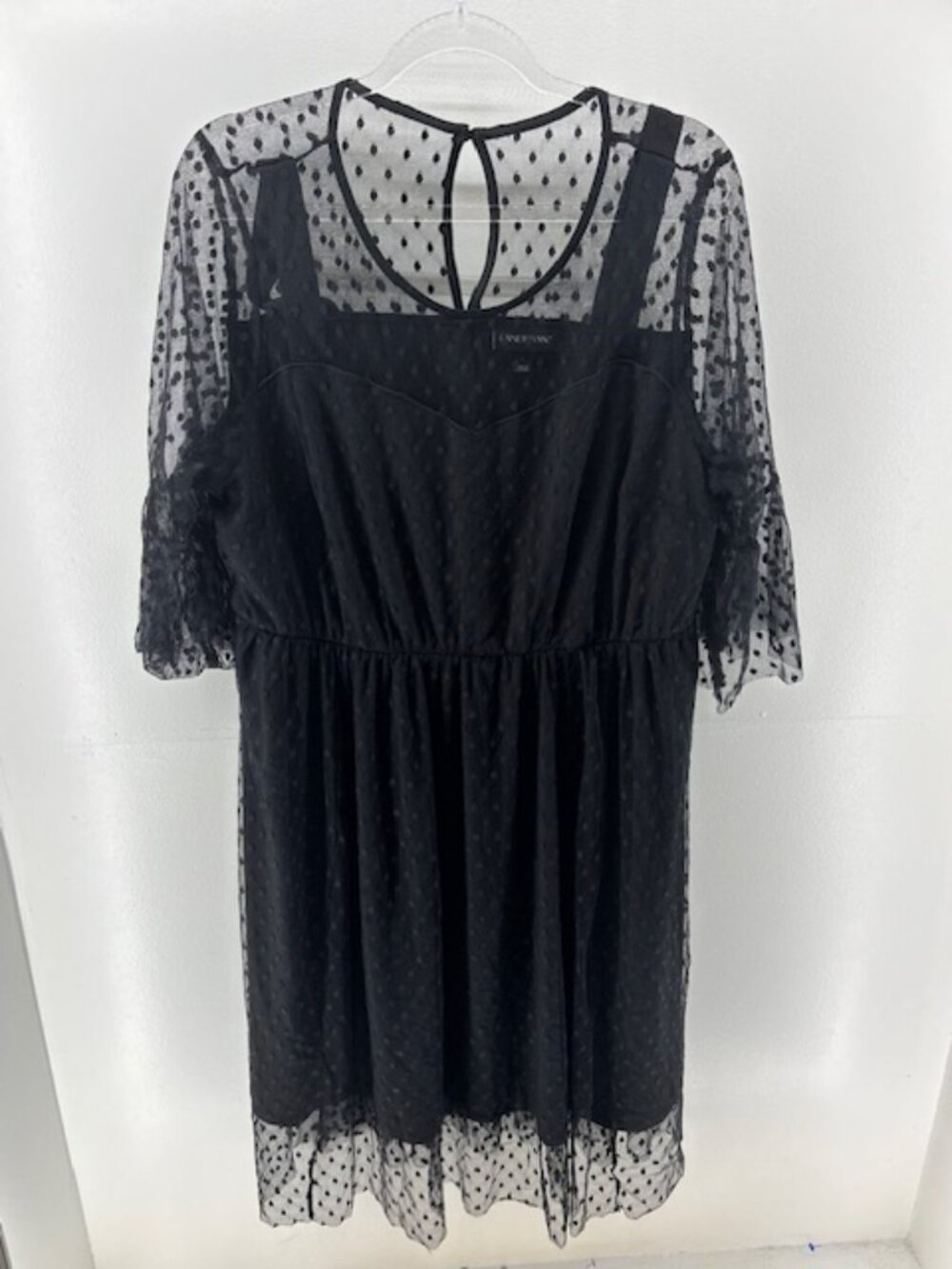 Lane Bryant 18 Black Polka Dot Mesh Midi Dress 3/4 Bell Sleeve Elastic Waist - Picture 3 of 8